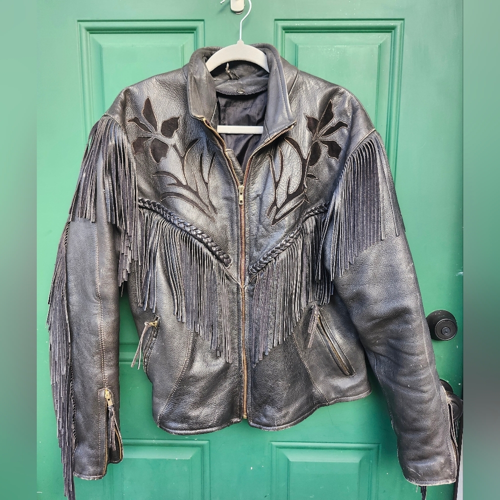 Woman leather Fringe Rose Cut Biker  jacket Small Vintage Motorcycle